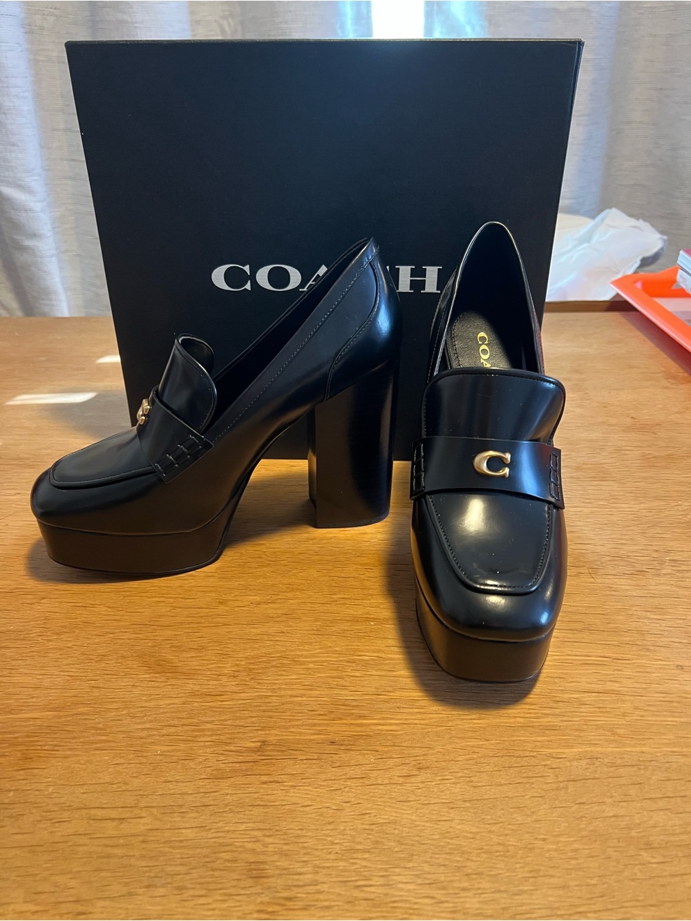 Coach Black Leather Platform Loafer Heels